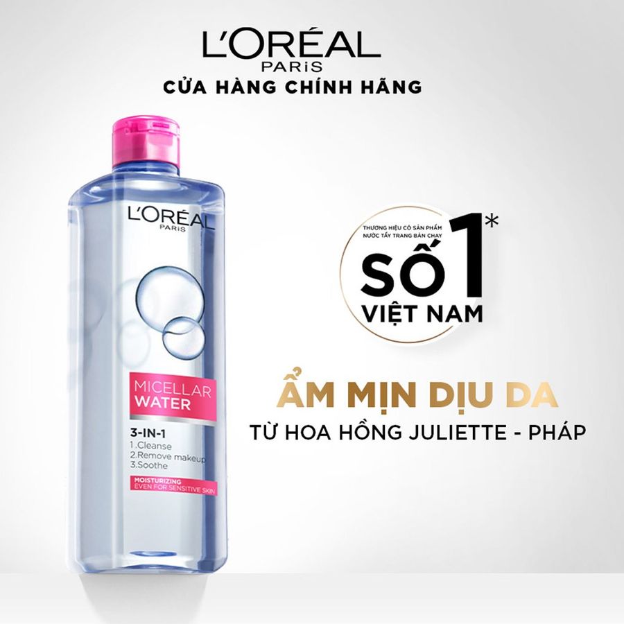 Nước tẩy trang L'oreal Micellar Water Moisturizing sạch dịu, ẩm mịn da - 400ml