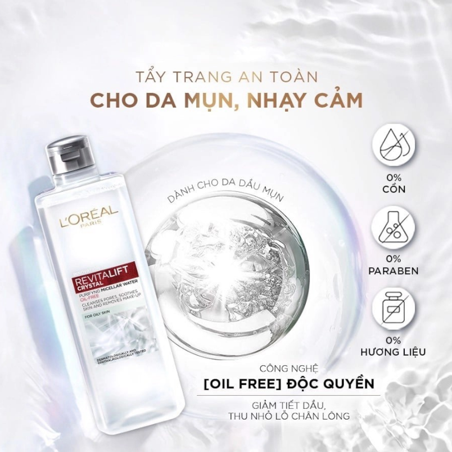 Nước tẩy trang L'oreal Revitalift Crysra sạch sâu, kiềm dầu và se lỗ chân lông - 95ml