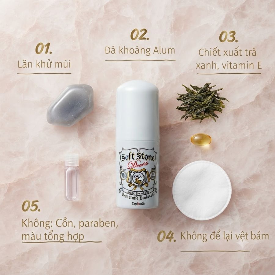 Lăn khử mùi Soft Stone Double Deodorant khô thoáng, khử mùi hiệu quả, 20g (Màu trắng)