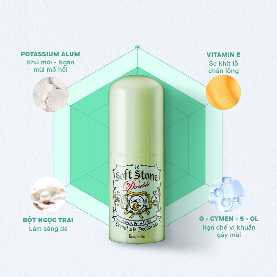 Lăn khử mùi Soft Stone Double Color Control khô thoáng, khử mùi, giảm thâm, 20g (Màu xanh)