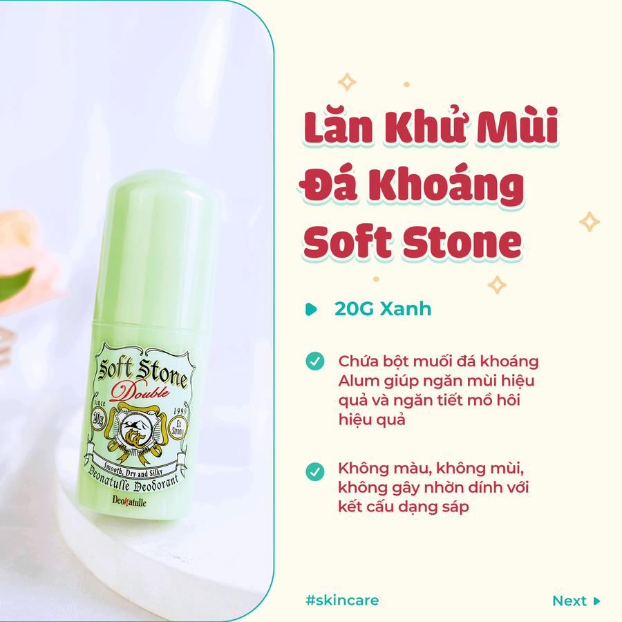 Lăn khử mùi Soft Stone Double Color Control khô thoáng, khử mùi, giảm thâm, 20g (Màu xanh)