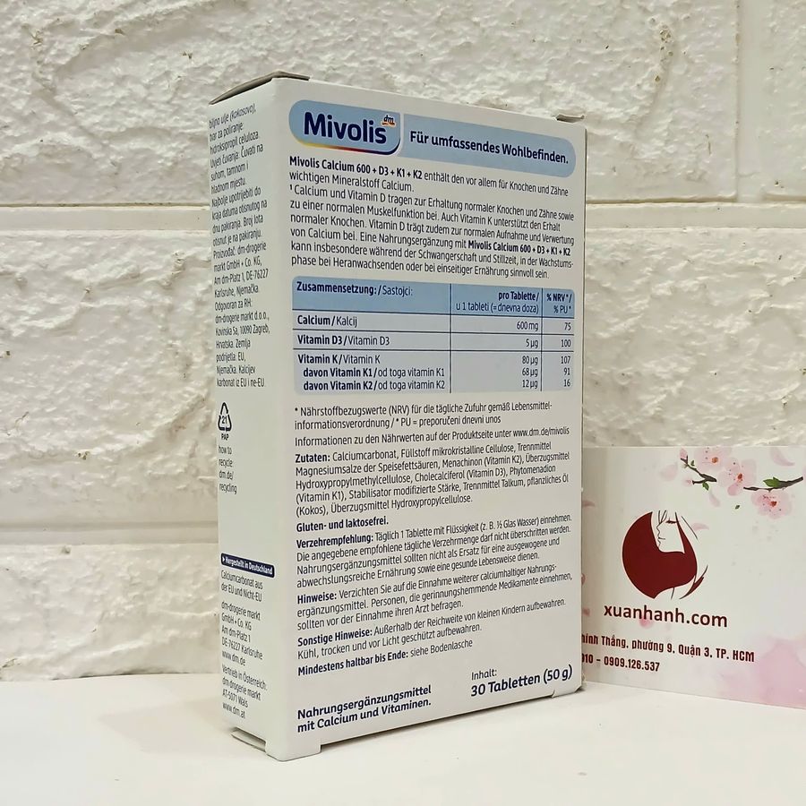 Canxi Mivolis Calcium 600+D3+K hỗ trợ xương chắc khỏe, bổ sung canxi cho cơ thể, 30 viên (New)