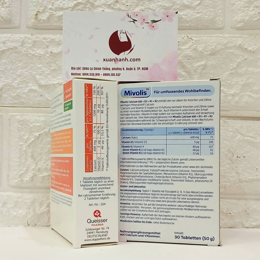 Canxi Mivolis Calcium 600+D3+K hỗ trợ xương chắc khỏe, bổ sung canxi cho cơ thể, 30 viên (New)