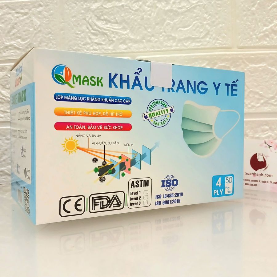 Khẩu trang y tế Qmask đạt chuẩn y khoa - 4 lớp vải không dệt, hộp 50 cái 