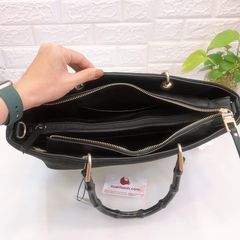 Túi Parfois màu đen, da lộn, tay cầm gỗ mộc độc lạ, nhiều ngăn tiện dụng (37x23x13cm)