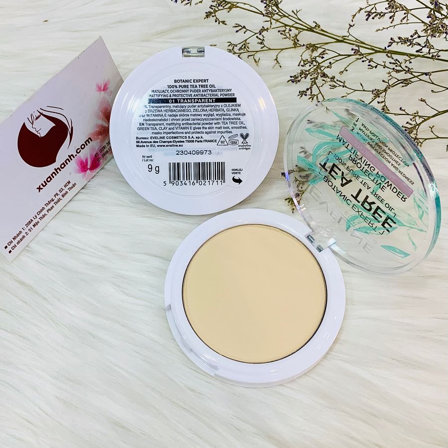 Phấn khoáng Eveline Tea Tree kiềm dầu, siêu nhẹ và thoáng mịn da, #01 Transparent