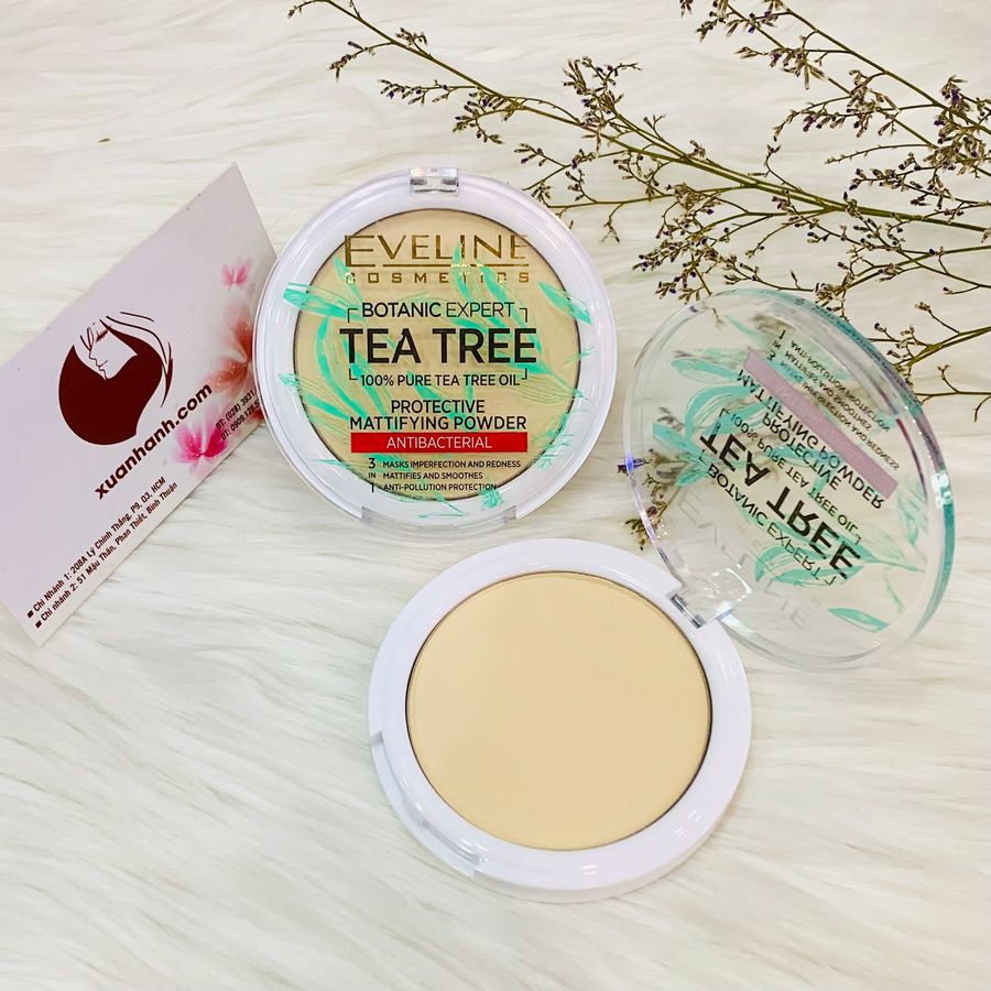 Phấn khoáng Eveline Tea Tree kiềm dầu, siêu nhẹ và thoáng mịn da, #01 Transparent