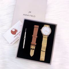 Set đồng hồ nữ Anna Field mặt tròn cổ điển, 2 dây #Gold/Cognac - 3283