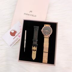Set đồng hồ nữ Anna Field mặt tròn cổ điển, 2 dây #Rose Gold/Black - 6201