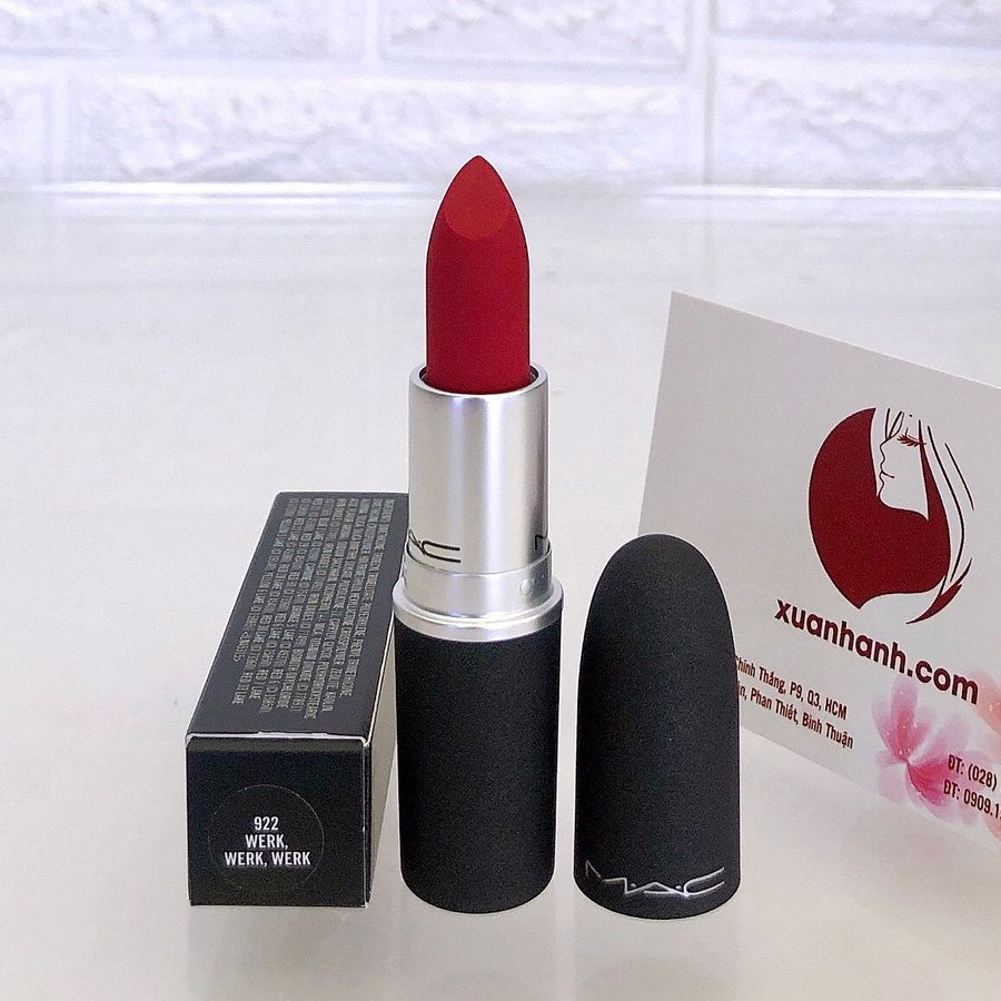 Son MAC Powder Kiss Lipstick #922 Werk Werk Werk đỏ lạnh ánh cam kiêu kì