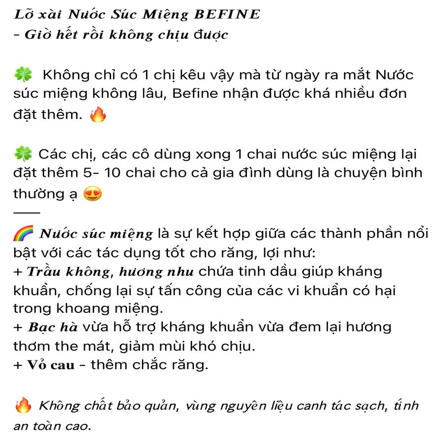 Nước súc miệng thảo dược Befine giúp trắng răng, ngừa sâu răng và thơm miệng, 300ml.