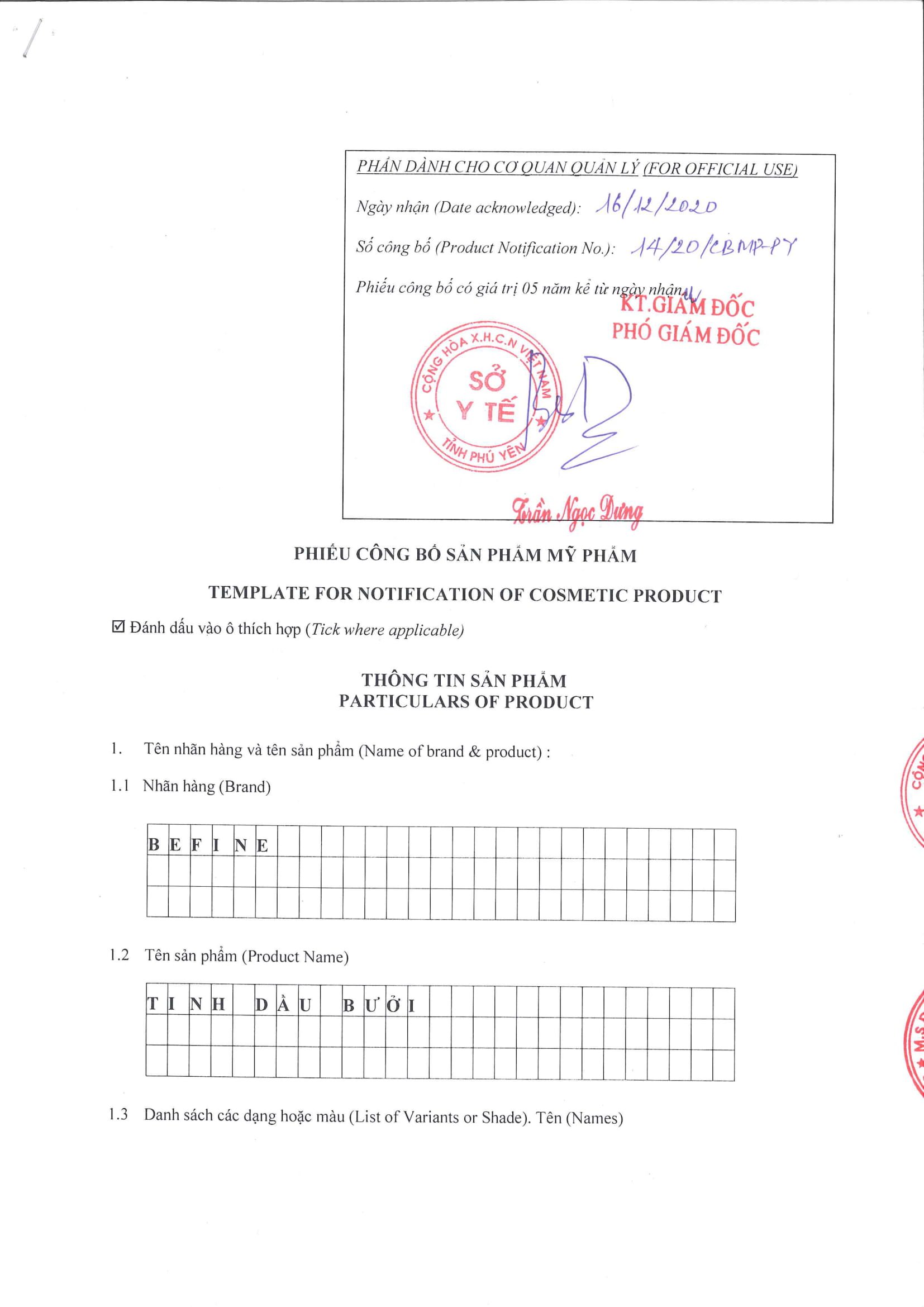 Tinh dầu thiên nhiên Befine Pomelo Essential - Bưởi giảm rụng, kích thích mọc tóc, thơm mát