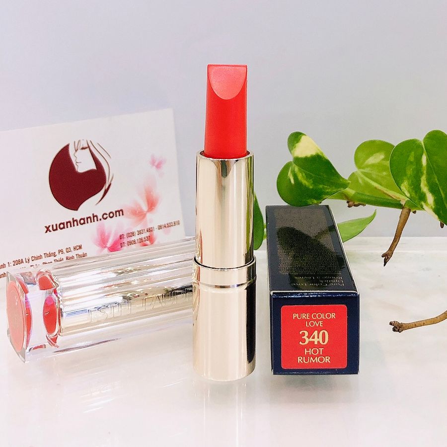 Son Estee Lauder Pure Color Love 340 Hot Rumor màu cam chuẩn, matte.
