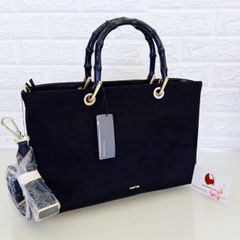 Túi Parfois màu đen, da lộn, tay cầm gỗ mộc độc lạ, nhiều ngăn tiện dụng (37x23x13cm)