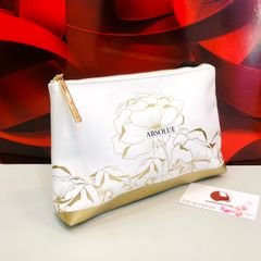 Túi đựng mỹ phẩm Lancome trắng vàng họa tiết đơn giản, sang trọng