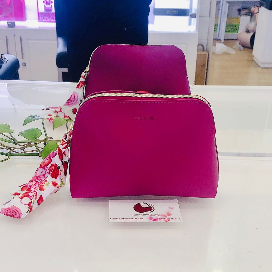 Túi Estee Lauder cầm tay, đựng mỹ phẩm rất đẹp và sang #hồng Fuchsia mix khăn lụa in hoa
