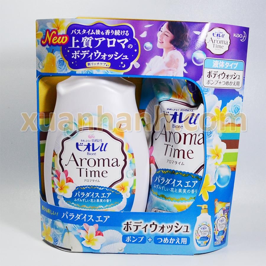 Sữa tắm Nhật Kao Aroma Time xanh hương thơm hoa và trái cây thanh mát (500+360)ml